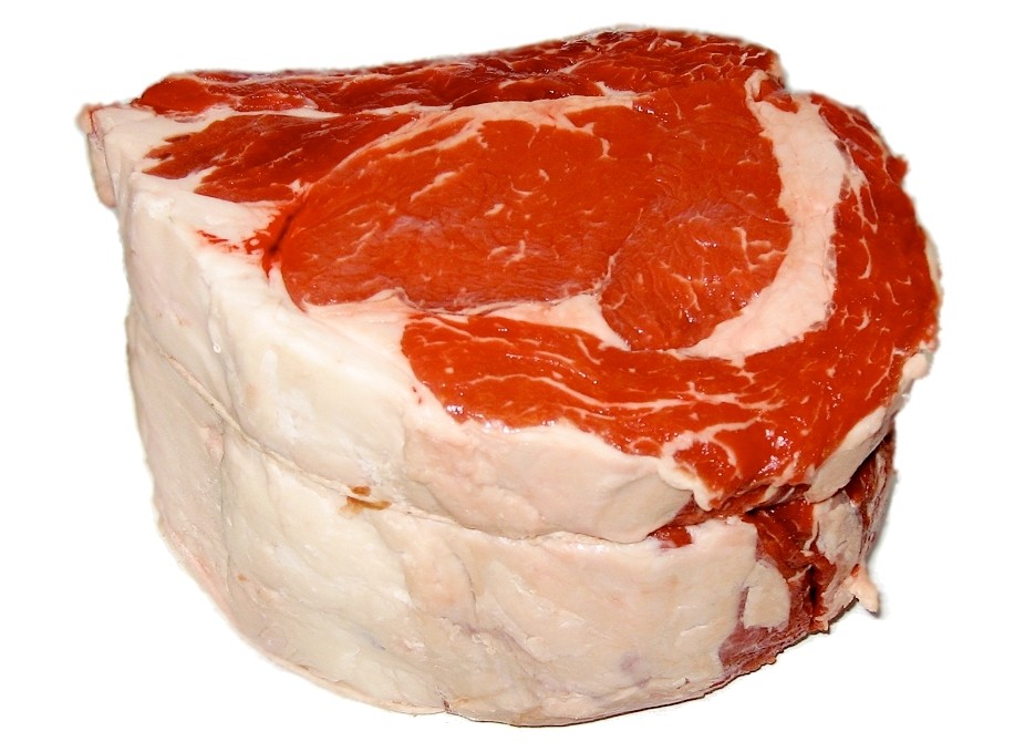 A whole raw beef standing rib roast, tied with butcher's twine, with only one cut face exposed and the rest of its surface intact