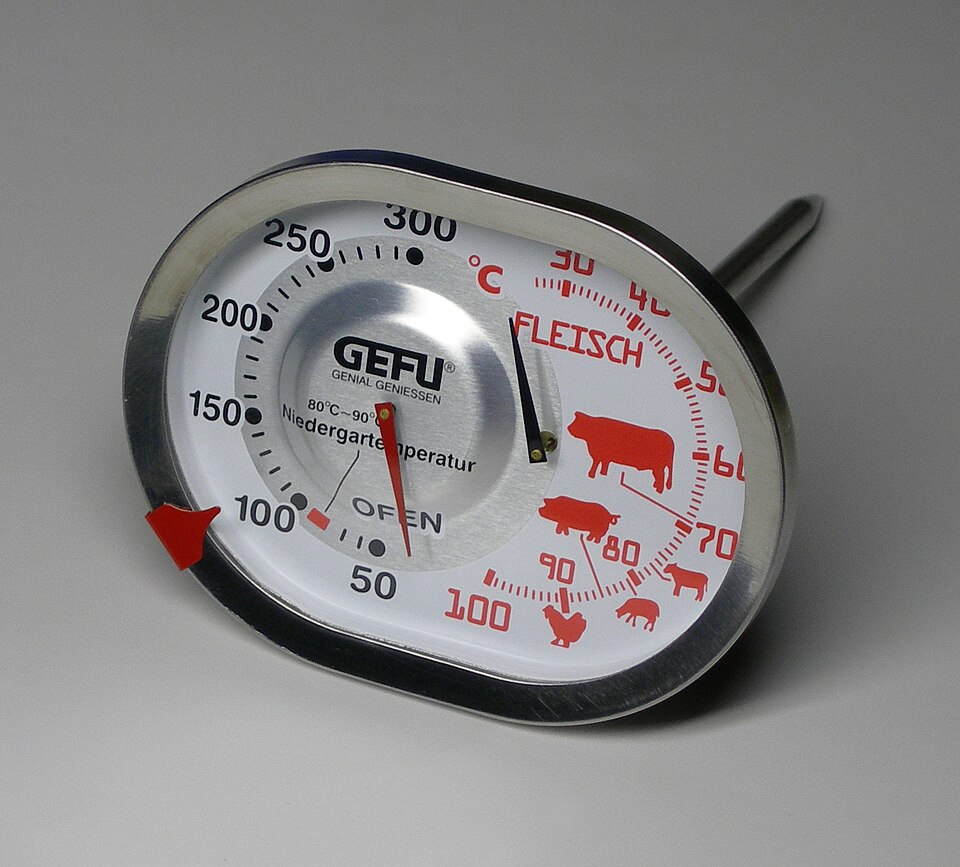 A probe thermometer inserted into a roasting joint of meat, reading its internal temperature directly rather than by estimate