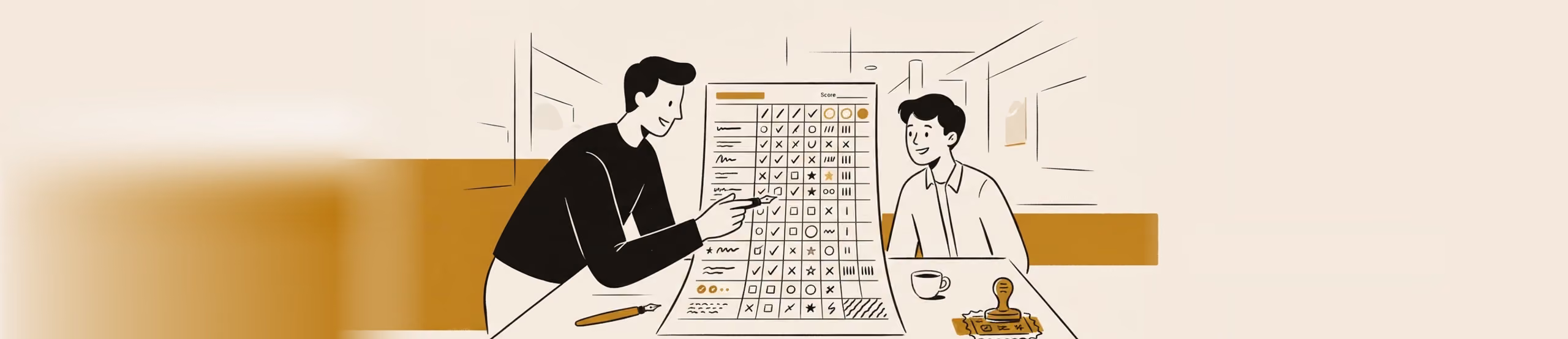 A line drawing on warm cream of two people either side of a long marking sheet laid out on a table. The sheet is ruled into a grid of ticks, crosses and gold circles under a line marked Score; one of them points at a row in it, the other listens. A rubber stamp sits at the end of the table