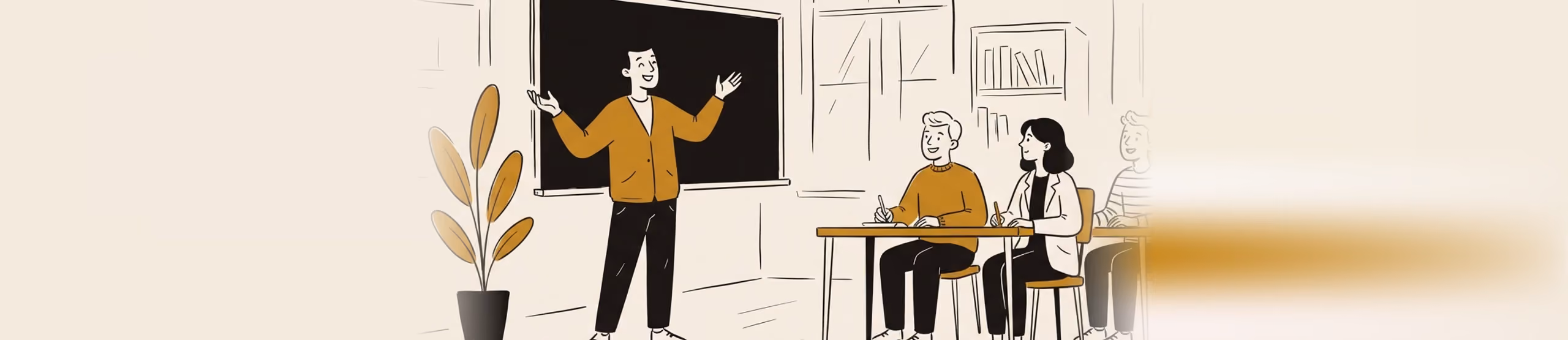 A line drawing of a teaching room in black and gold on warm cream. A lecturer in a gold cardigan stands beside a blackboard with both hands open mid-sentence, three students sit along a table to the right with pens in their hands, and a potted plant and an arched window fill the rest of the room
