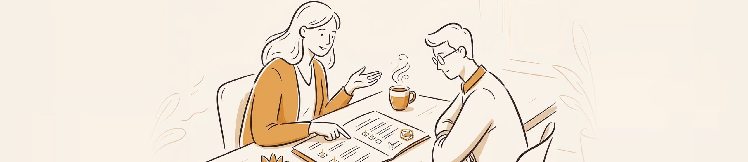 Two people drawn in outline on warm cream, sitting across a table with an open ruled booklet between them. One points at a line in it mid-sentence; the other leans over it with their arms folded. A cup of coffee steams between them