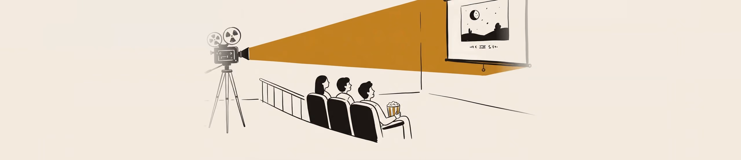 A line drawing on warm cream of a film projector on a tripod at the left, throwing a wide gold beam across the room onto a pull-down screen at the right. On the screen, a half-lit moon hangs over two dark hills; underneath it runs a line of subtitles written in an invented script. Three people watch from seats in the foreground, one holding popcorn
