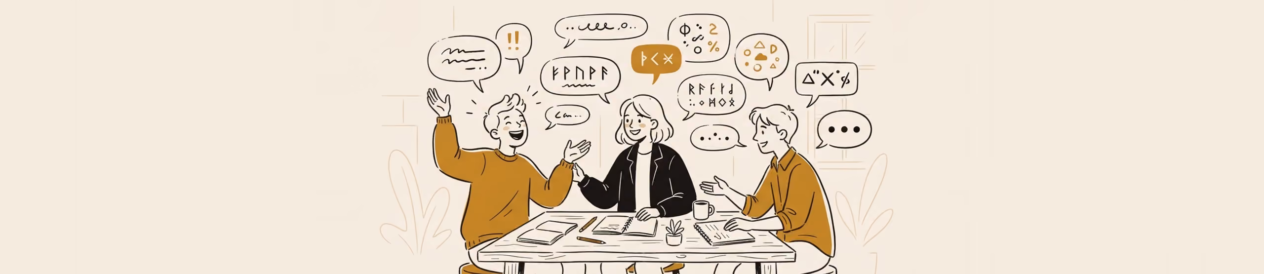 A line drawing on warm cream of three people around a table, talking over each other with their hands up. Speech bubbles crowd the air above them, each holding a line of an invented script rather than words — runes, dots, a scatter of symbols — and one, printed solid gold, holds three letters