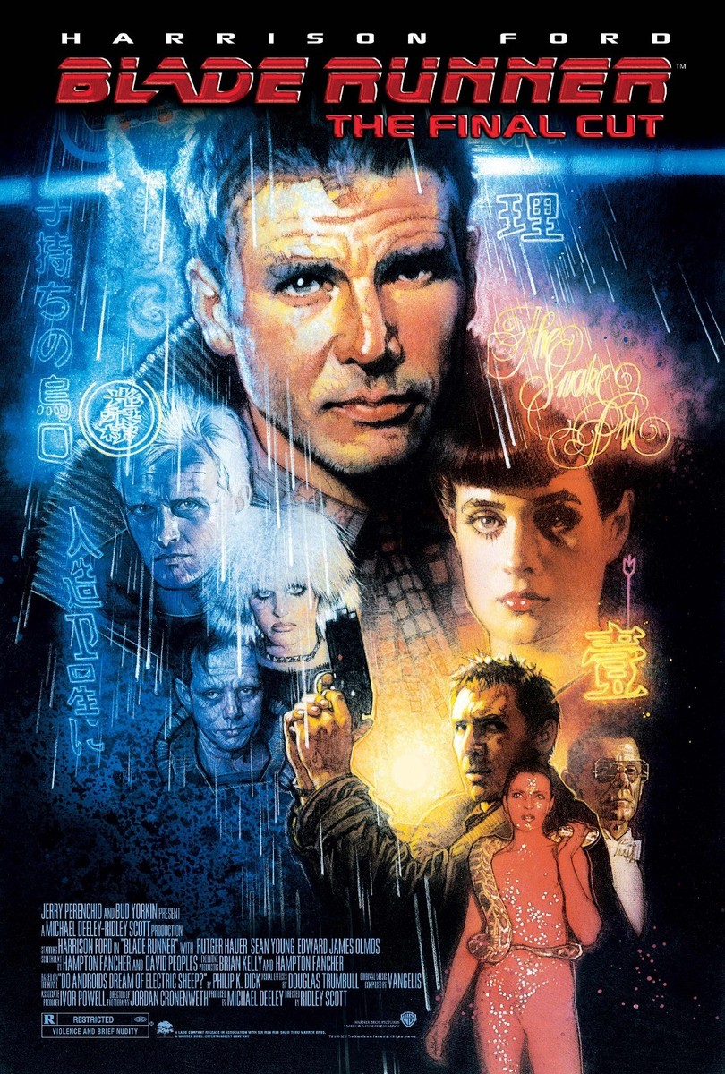 Theatrical poster for the Final Cut. A painted montage — Harrison Ford's face large at the upper right, a woman with red lips below him, other faces and a neon-lit street filling the lower half