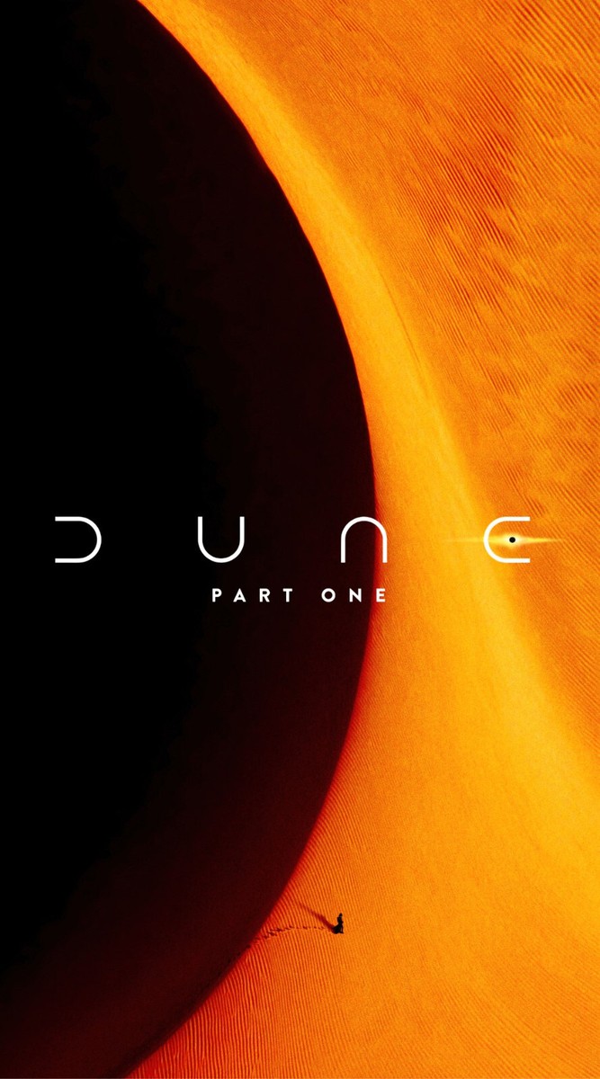 Theatrical poster. Almost entirely black, with the curved limb of a sun burning orange down the right-hand side; DUNE letterspaced in thin caps across the middle and PART ONE below it