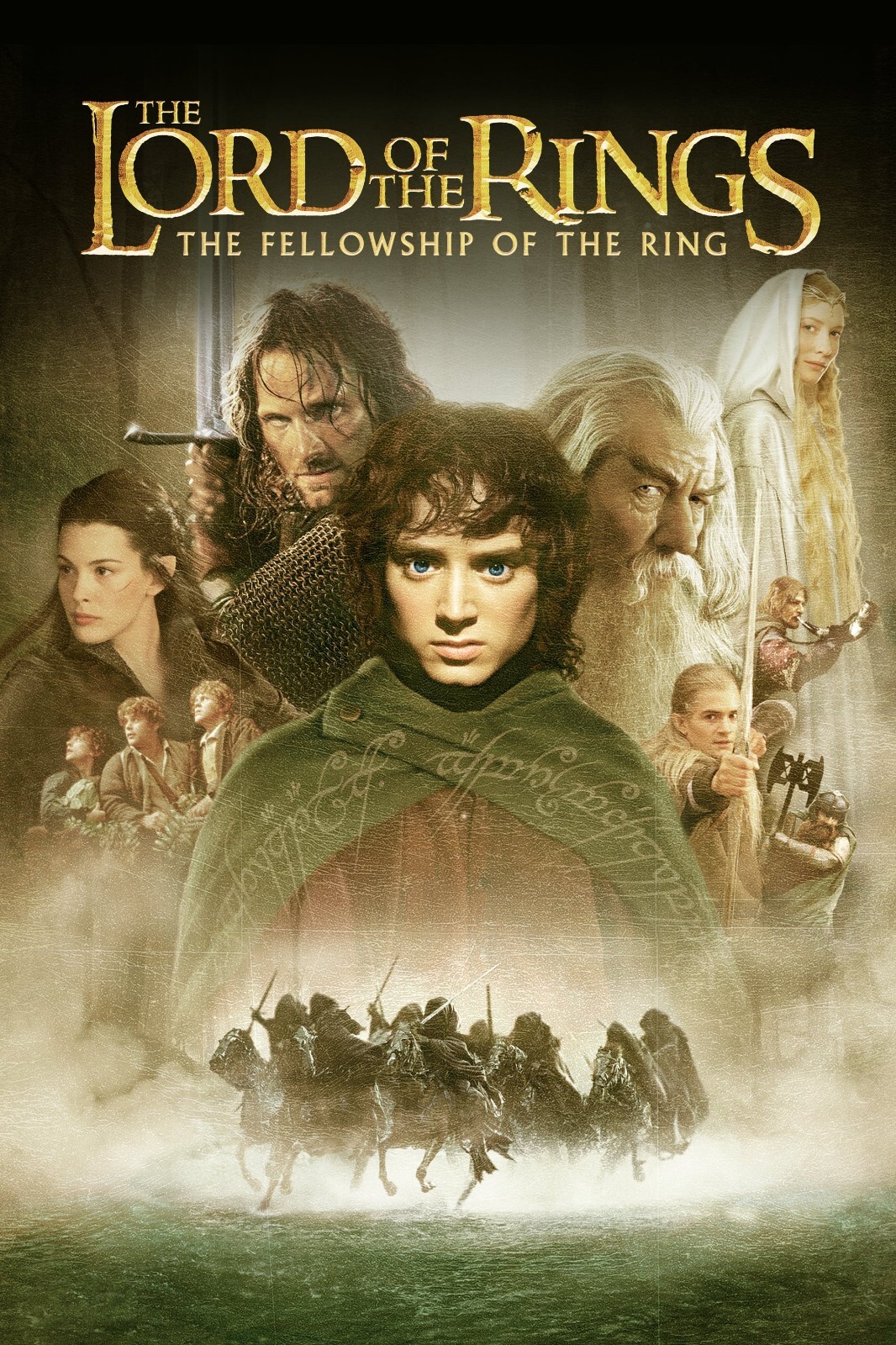 Theatrical poster. The title in gold serif caps across the top; Frodo in a green cloak at the centre front with Gandalf and the rest of the company ranged behind him in two columns, and a line of mounted riders silhouetted along the foot