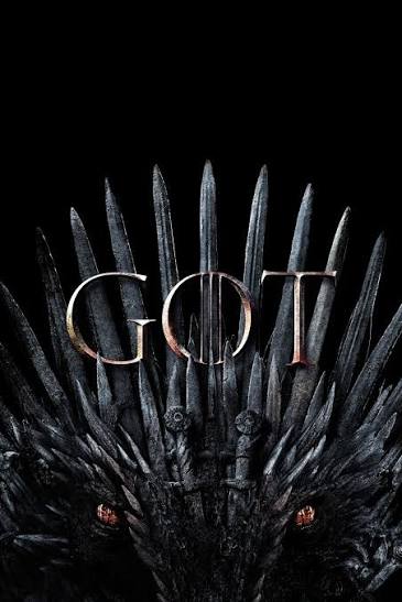 Series poster. The Iron Throne in near-darkness, its blades fanned out behind the seat, with the letters GOT set large and pale across the middle