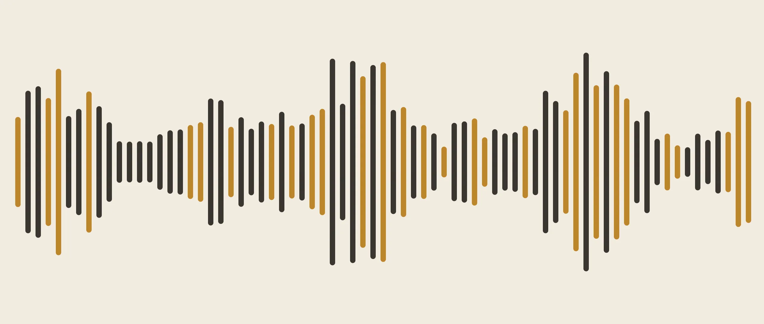 A wide band of vertical bars in black and gold on warm cream, rising and falling across the page like the waveform of a sentence being spoken