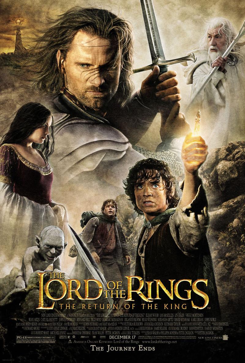 Theatrical poster. Aragorn raising a sword at the top with Gandalf behind him, Arwen, Frodo, Sam and Gollum in the lower half, and the title in gold at the foot above the line "The journey ends"