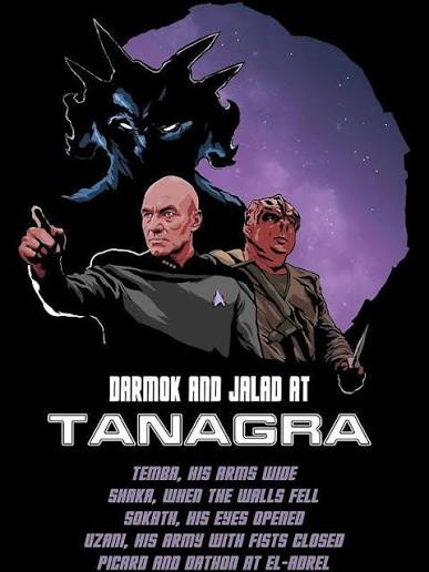 Illustrated poster. Picard and Dathon standing back to back in front of a purple silhouette of the horned beast, under the words DARMOK AND JALAD AT TANAGRA, with the episode's other phrases listed beneath them