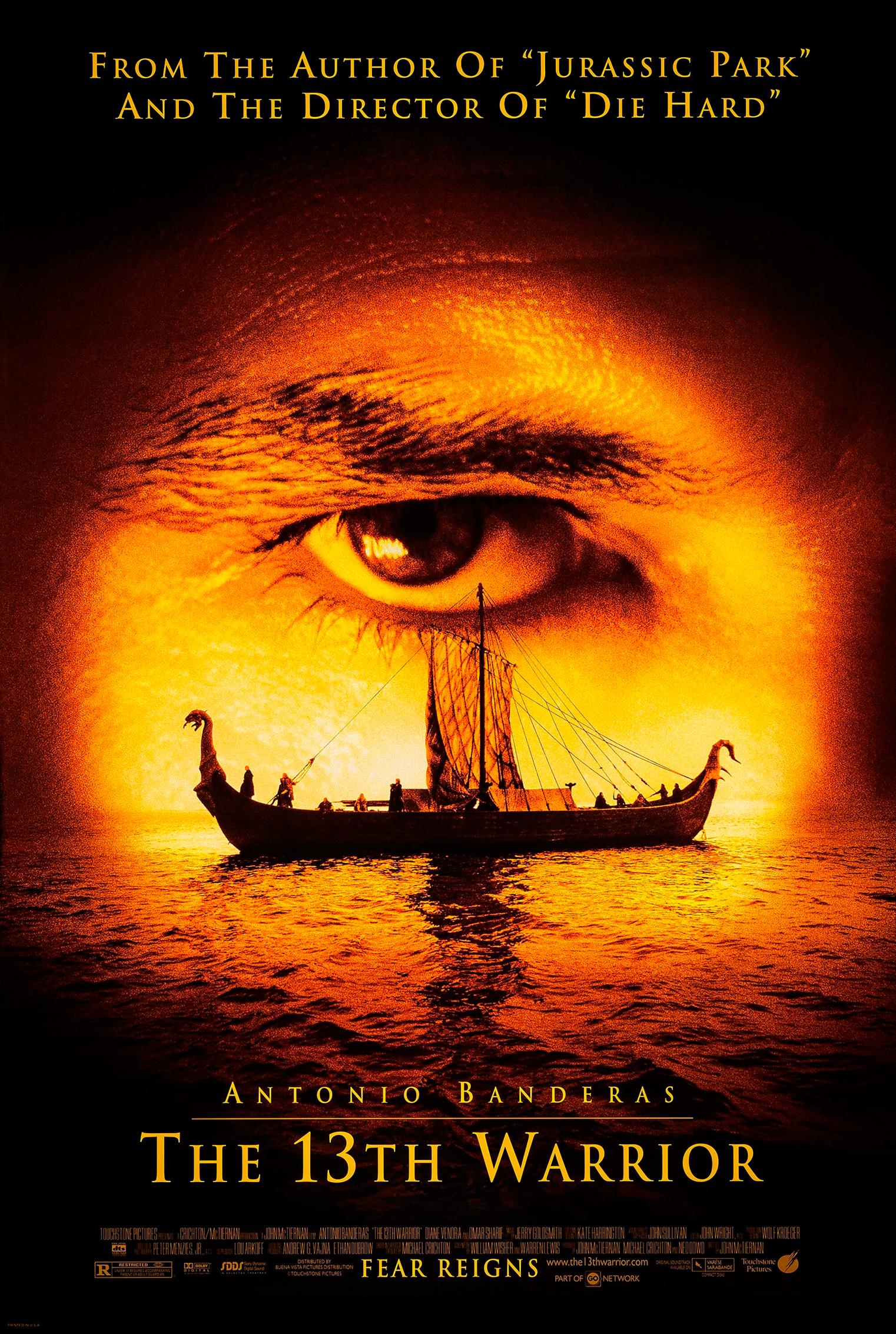 Theatrical poster. A longship silhouetted on dark water beneath a huge orange sun with an eye set into it; Antonio Banderas billed above the title and the line "Fear reigns" below it