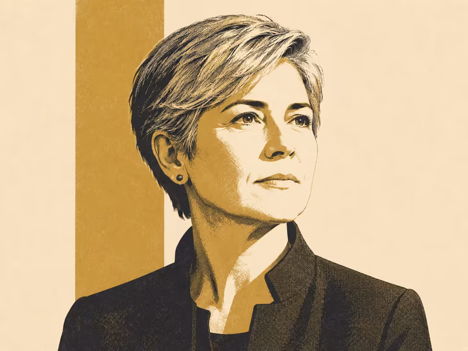 An illustrated portrait of a person with short grey-blonde hair in a dark jacket, looking away to the right, drawn in gold and near-black on cream with a vertical gold band behind them