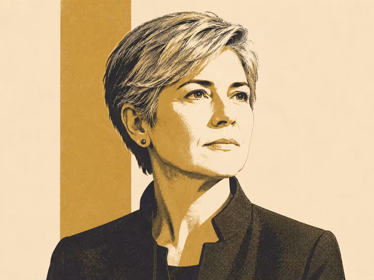 An illustrated portrait of a person with short grey-blonde hair in a dark jacket, looking away to the right, drawn in gold and near-black on cream with a vertical gold band behind them