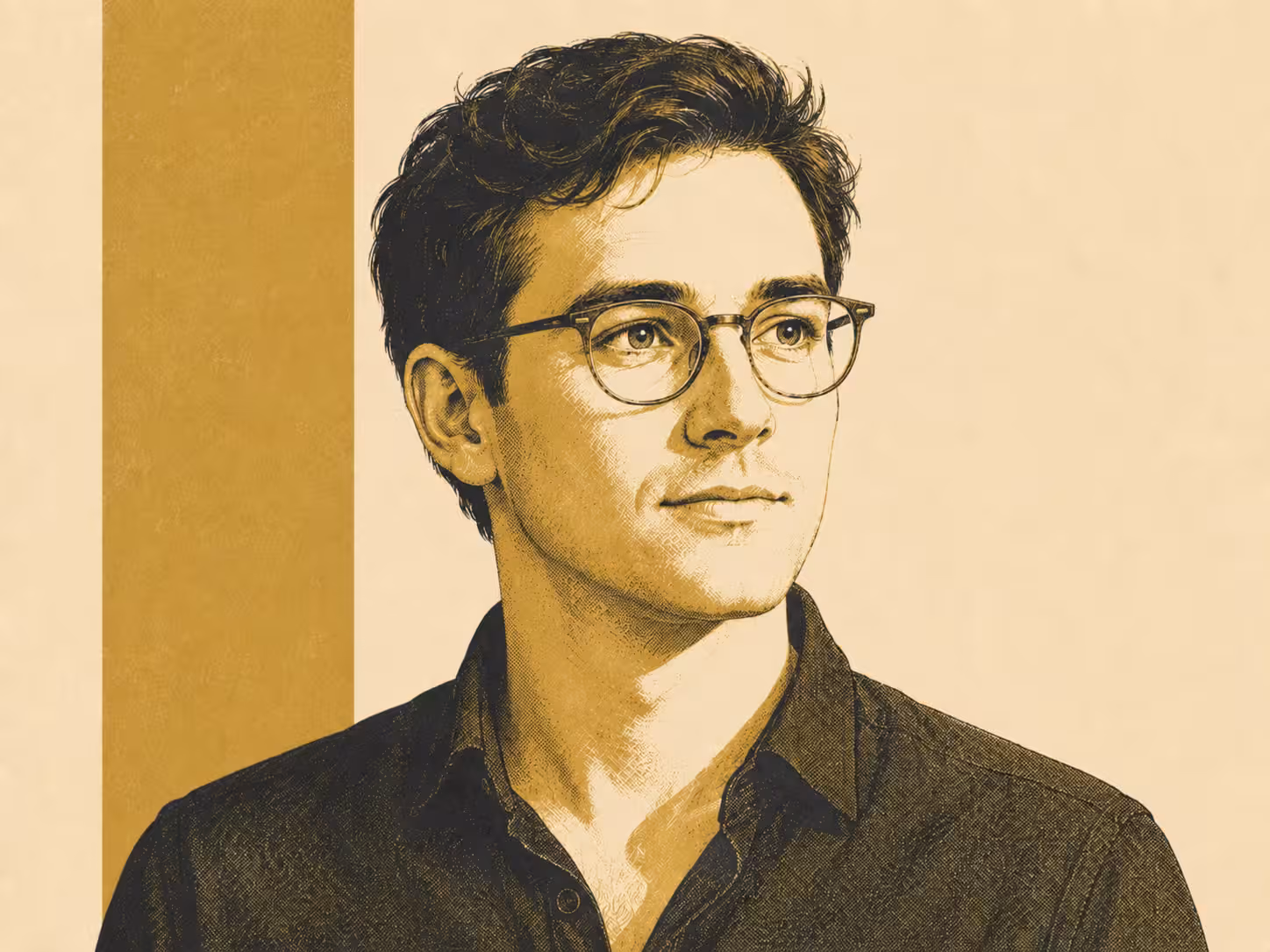 An illustrated portrait of a person with dark curly hair and round glasses, in a dark open-collared shirt, looking away to the right, drawn in gold and near-black on cream with a vertical gold band behind them