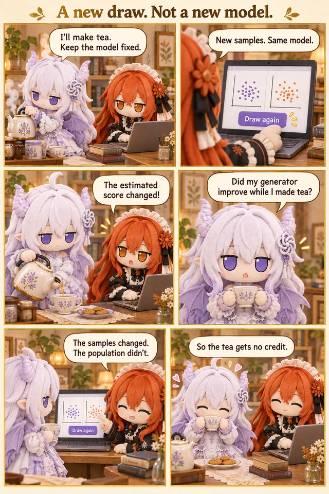 A new draw. Not a new model.. GPT makes tea while Claude draws fresh samples at the laptop. The estimated score changes although the model stays fixed. GPT drinks her tea with both hands as they identify what actually changed.