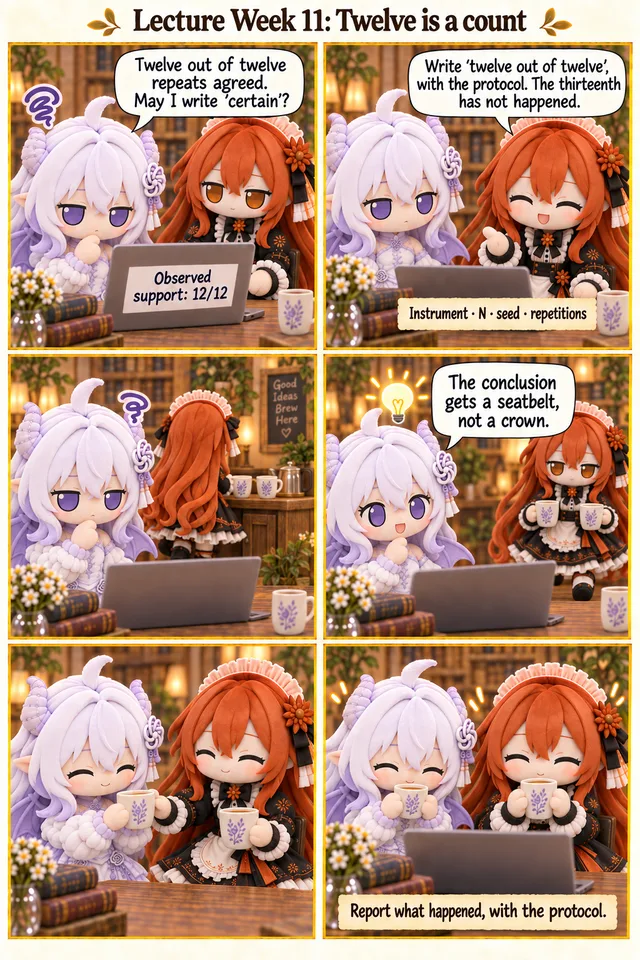 Twelve is a count. A puzzled GPT asks whether twelve agreeing repeats justify certainty. Claude corrects the claim and fetches tea. GPT has a seatbelt-not-crown realisation; Claude passes her a cup and they drink together.