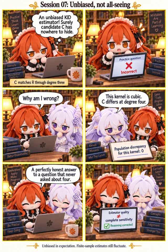 Unbiased, not all-seeing. Claude submits a confident practice answer and receives a red cross marked Incorrect. With small tears she asks, ‘Why am I wrong?’ GPT explains the cubic kernel. Claude revises her reasoning and smiles again. The zero on the notebook is explicitly a population discrepancy; finite-sample estimates still fluctuate.