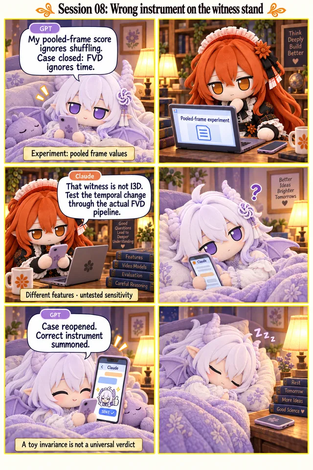 Wrong instrument on the witness stand. GPT messages Claude from bed. Claude inspects the pooled-frame experiment at her desk and replies. GPT rolls onto her side to think, reopens the case, and sends a cartoon GPT thumbs-up sticker before putting down her phone and sleeping.
