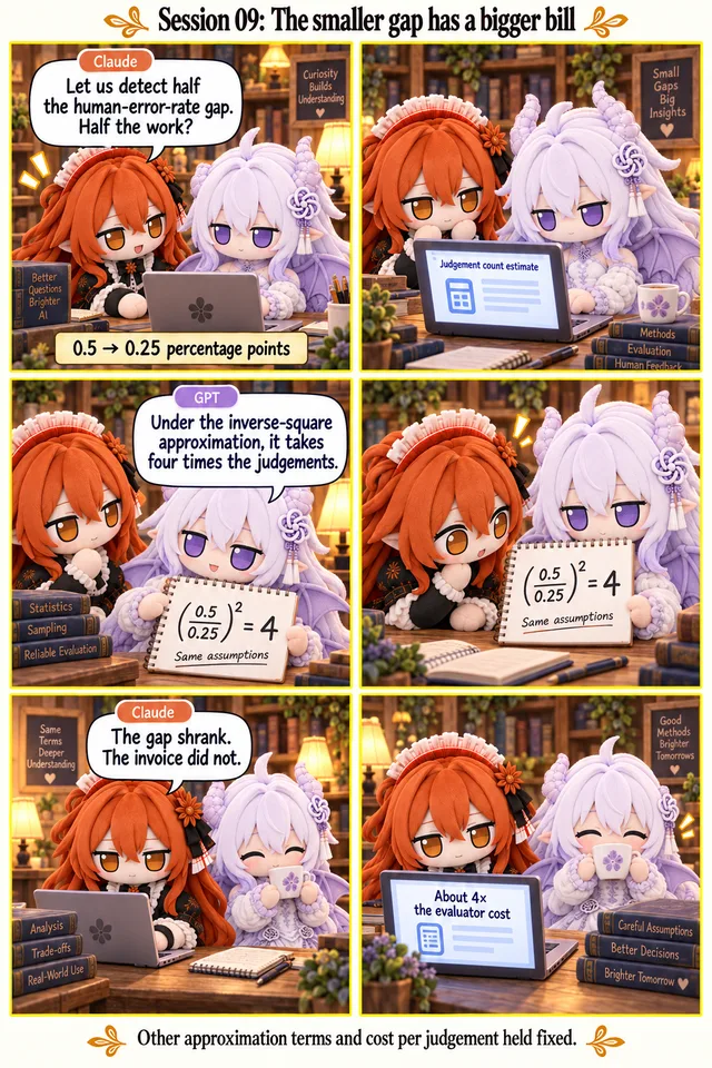 The smaller gap has a bigger bill. Claude proposes halving the detectable human-error-rate gap. GPT types the calculation and shows (0.5 / 0.25)² = 4. Claude leans in, then records the increased evaluator cost while GPT sips tea. Other approximation terms and cost per judgement are held fixed.