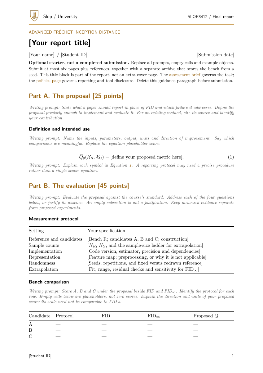 First page of the report starter with the Slop shield, title fields, Part A proposal and Part B evaluation headings.