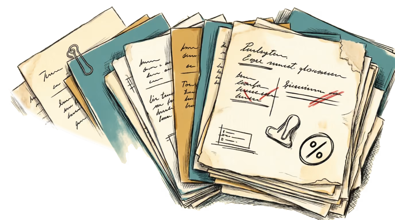 A fanned stack of marked paper, teal and gold folders showing between the sheets, a binder clip holding the top corner. The uppermost page carries handwritten notes with corrections in red ink, a grading stamp, and a percentage symbol, on a warm cream ground.