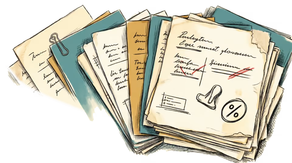 A fanned stack of marked paper, teal and gold folders showing between the sheets, a binder clip holding the top corner. The uppermost page carries handwritten notes with corrections in red ink, a grading stamp, and a percentage symbol, on a warm cream ground.
