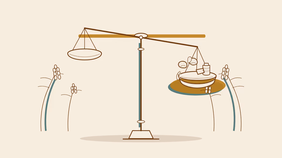 An illustration of a two-pan balance on a slender column. The left pan hangs high and empty, drawn as an outline; the right pan sits low under a heaped bowl of jars and vessels. Teal and brown grass stalks stand at either side on a cream ground. Staff here are pictured by the objects their method depends on, not by a photograph.