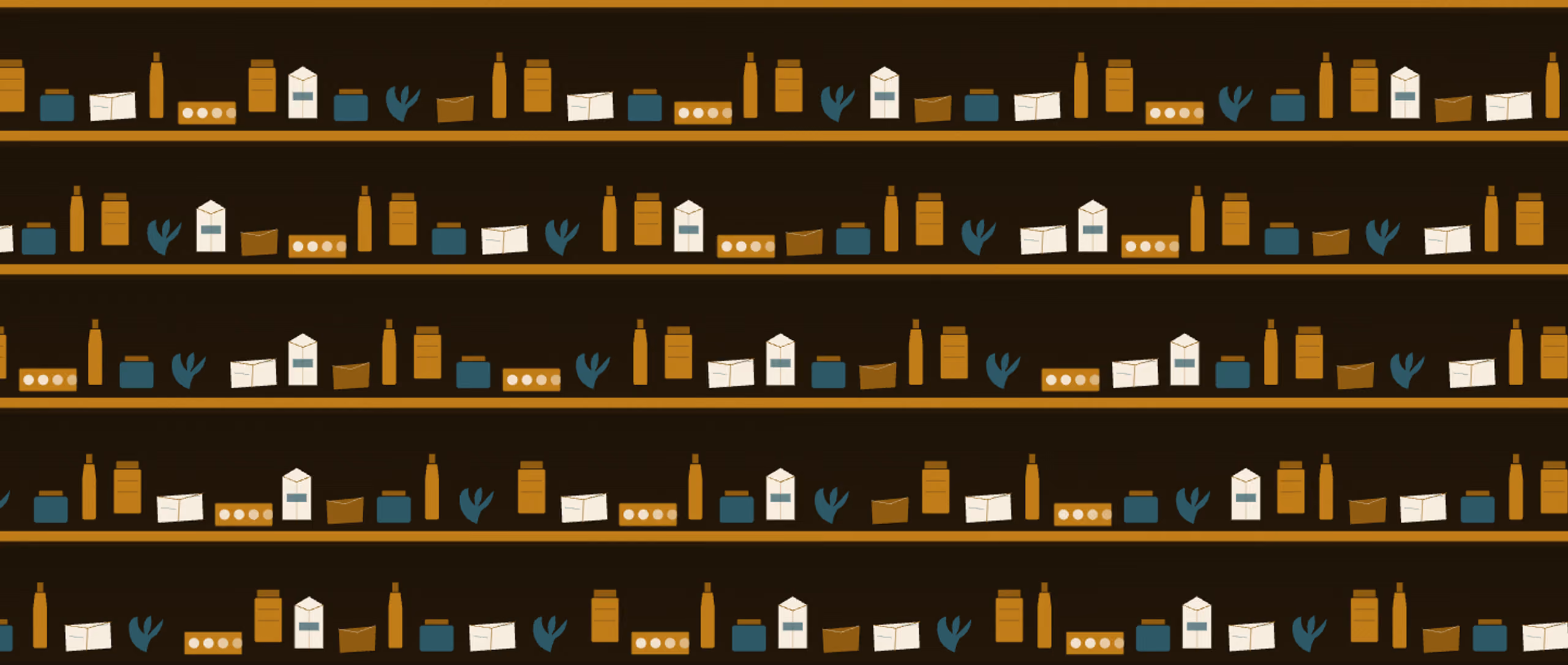 The inside of a refrigerator, drawn flat in gold and teal on a warm near-black. Five shelves fill the frame from top to bottom, every one of them packed end to end with jars, bottles, cartons, egg boxes, wrapped parcels and sprigs of greens, continuing past both edges.