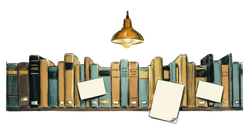 A shelf of book spines in gold, teal and dark brown, seen straight on with a small hanging desk lamp lighting the row from above. Three blank index cards are tucked into the books, on a warm cream ground.