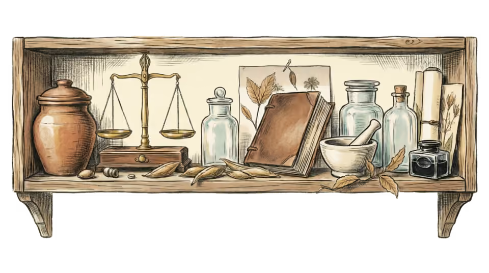 A wooden wall shelf holding a stoneware crock, a brass balance scale, glass apothecary bottles, a leather-bound notebook propped against a pressed-leaf print, a mortar and pestle, an ink bottle and a rolled scroll, with dried leaves scattered along the shelf, on a warm cream ground.