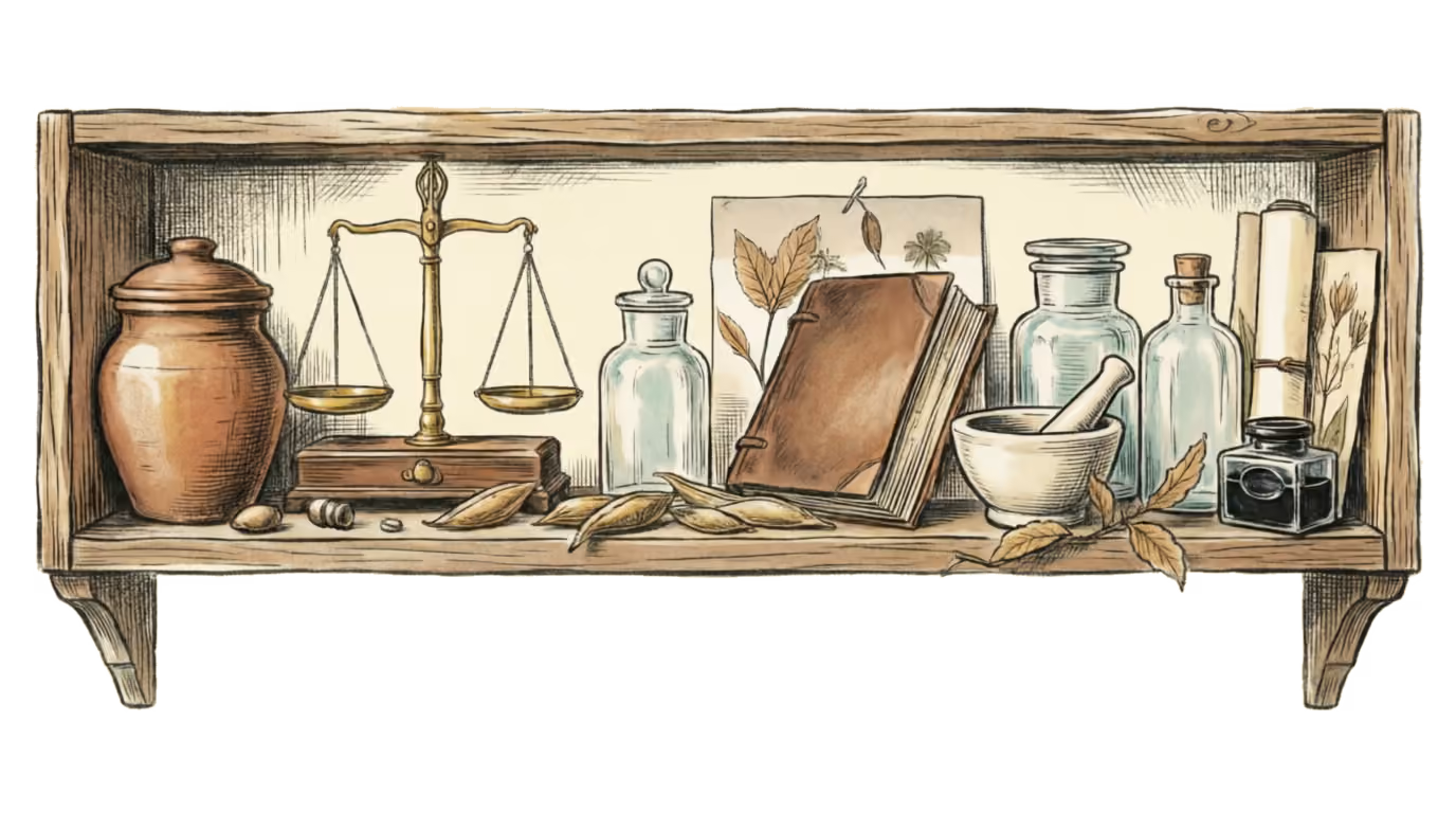 A wooden wall shelf holding a stoneware crock, a brass balance scale, glass apothecary bottles, a leather-bound notebook propped against a pressed-leaf print, a mortar and pestle, an ink bottle and a rolled scroll, with dried leaves scattered along the shelf, on a warm cream ground.