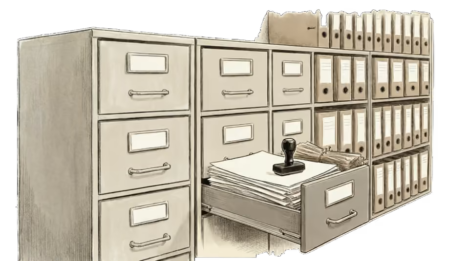 A wall of filing cabinets and box files seen at an angle, drawn in sepia ink. One drawer stands open, holding a thick stack of papers with a rubber stamp resting on top and a bundle of documents tied with string, on a warm cream ground.