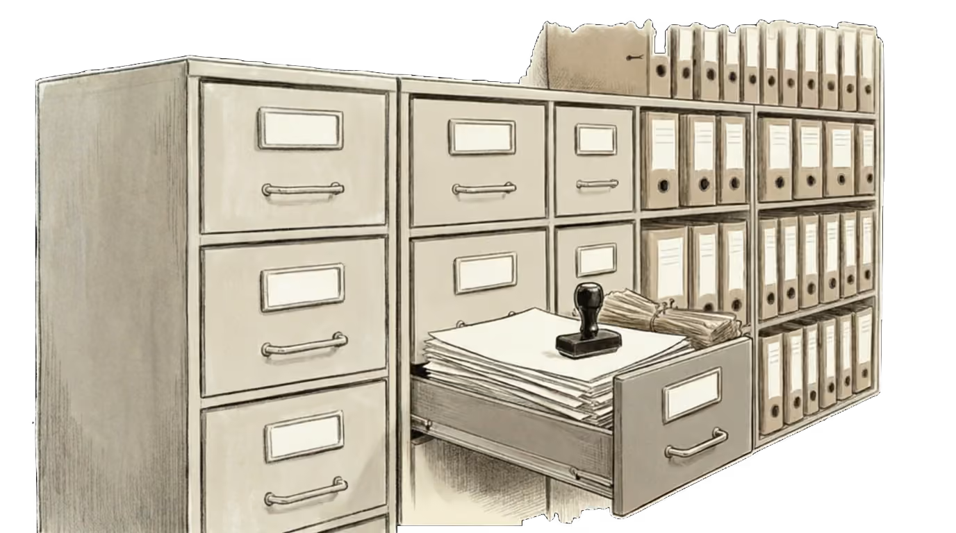 A wall of filing cabinets and box files seen at an angle, drawn in sepia ink. One drawer stands open, holding a thick stack of papers with a rubber stamp resting on top and a bundle of documents tied with string, on a warm cream ground.