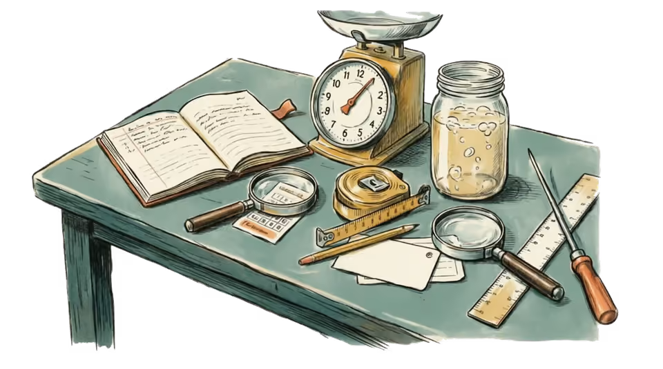 A fieldwork table seen at an angle: an open handwritten notebook, a kitchen scale, a mason jar mid-ferment, a tape measure, two magnifying glasses, a pencil, index cards and a screwdriver with a ruler, arranged across a teal tabletop on a warm cream ground.