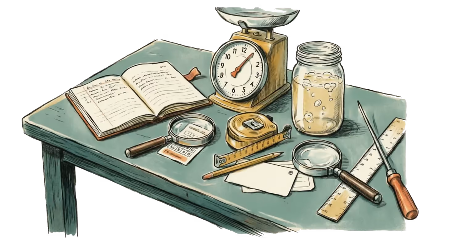 A fieldwork table seen at an angle: an open handwritten notebook, a kitchen scale, a mason jar mid-ferment, a tape measure, two magnifying glasses, a pencil, index cards and a screwdriver with a ruler, arranged across a teal tabletop on a warm cream ground.