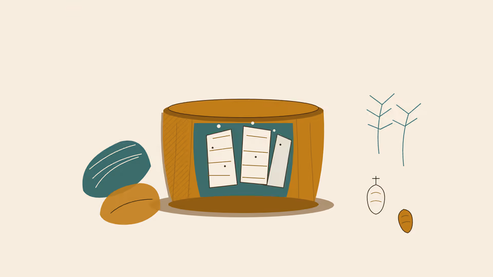 An illustration of a wide gold stoneware crock with a teal interior, holding a row of pale ruled cards standing upright like filed records rather than food. A teal leaf and a gold seed rest beside it, with dried sprigs and two seed pods to the right, on a cream ground. Staff here are pictured by the objects their method depends on, not by a photograph.