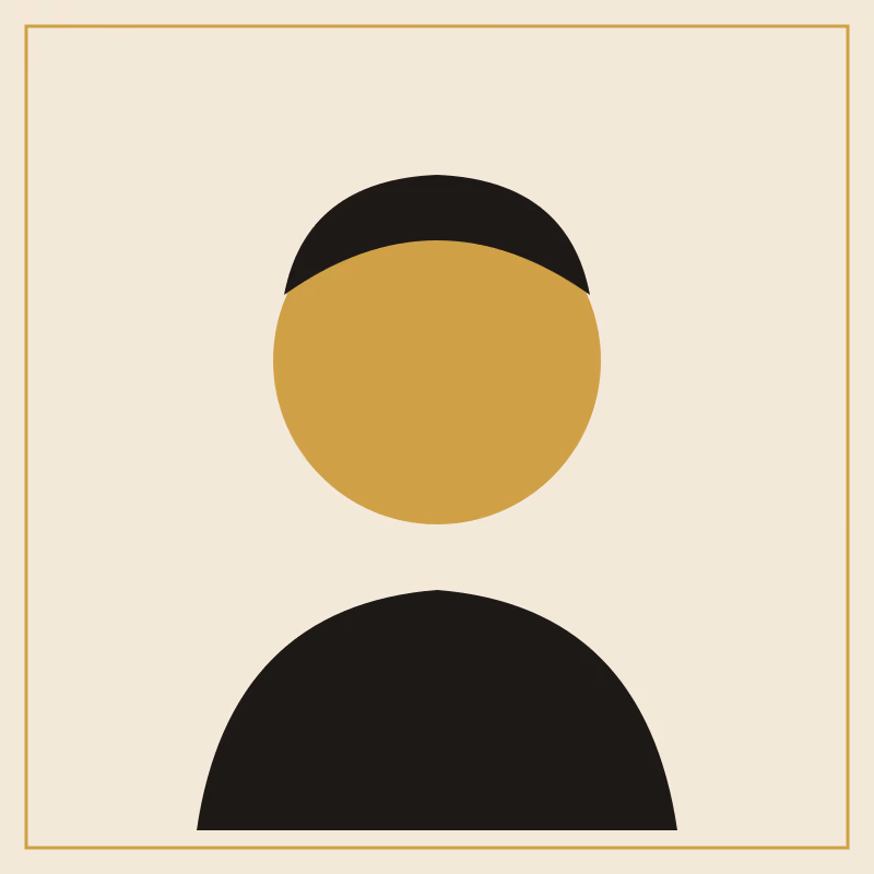 A stylised portrait of a person facing the viewer, flat gold and black shapes on warm cream, in a two-ink risograph print