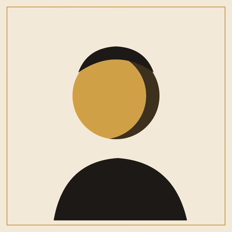 A stylised portrait of a person in three-quarter view, flat gold and black shapes on warm cream, in a two-ink risograph print