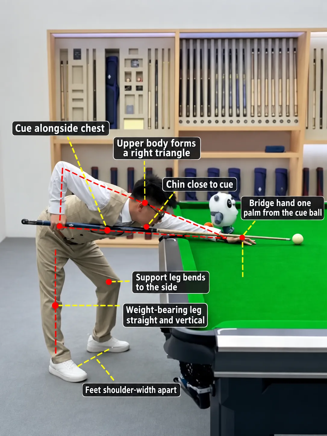 Annotated photo of a player's stance: cue alongside the chest, upper body forming a right triangle, chin close to the cue, bridge hand roughly one palm from the cue ball, support leg bent to the side, weight-bearing leg straight and vertical, feet shoulder-width apart.
