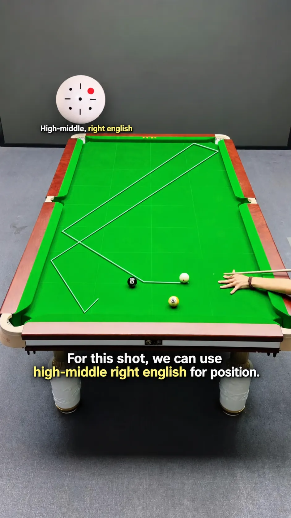 Worked example: a second multi-rail cue-ball route on a real table, chosen to keep the next two shots open.