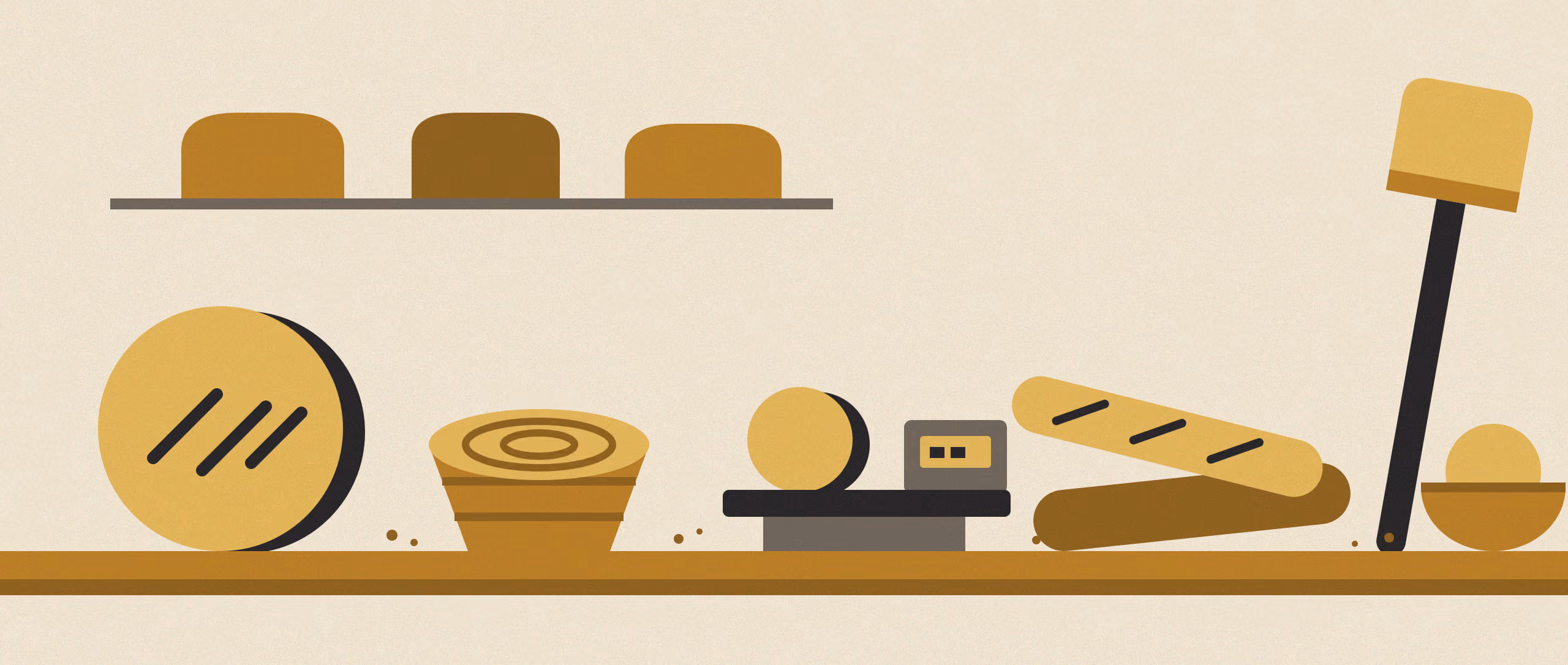 A baker's bench reduced to flat gold and black shapes in a two-ink risograph print: a scored round loaf, a coiled banneton, a scale with a ball of dough on it, two crossed baguettes, a peel leaning at the far end, and three tin loaves on a shelf behind
