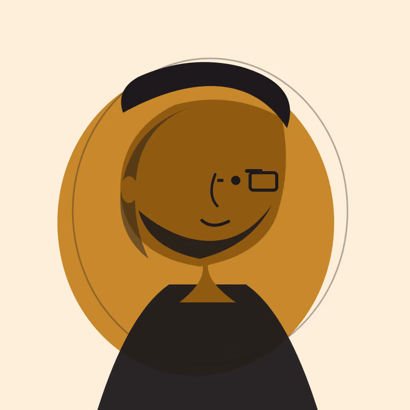 A stylised three-quarter portrait in flat gold, bronze and black shapes on a cream ground, short cropped hair, a close beard and rectangular glasses, printed in a two-ink risograph style with a deliberate colour registration offset.