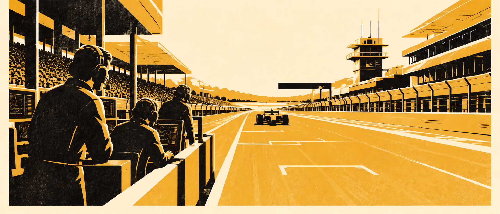 A Formula 1 pit wall team watches a car drive down the main straight, rendered in textured gold and black on warm cream