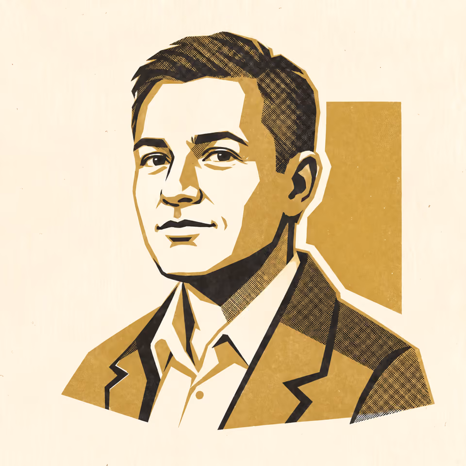 A stylised portrait of a clean-shaven man with short dark hair in a collared shirt and jacket, rendered in textured gold and black on warm cream
