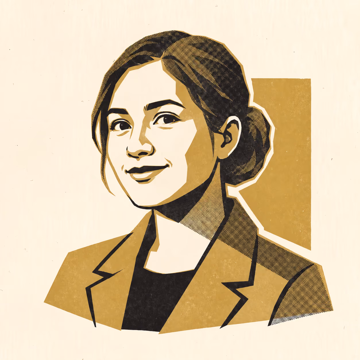 A stylised portrait of a woman with dark hair tied back in a dark top and jacket, rendered in textured gold and black on warm cream