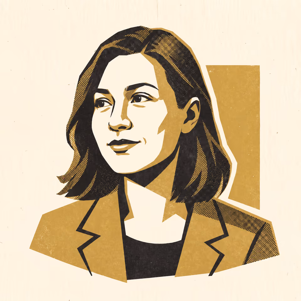 A stylised portrait of a woman with shoulder-length dark hair in a dark top and jacket, rendered in textured gold and black on warm cream