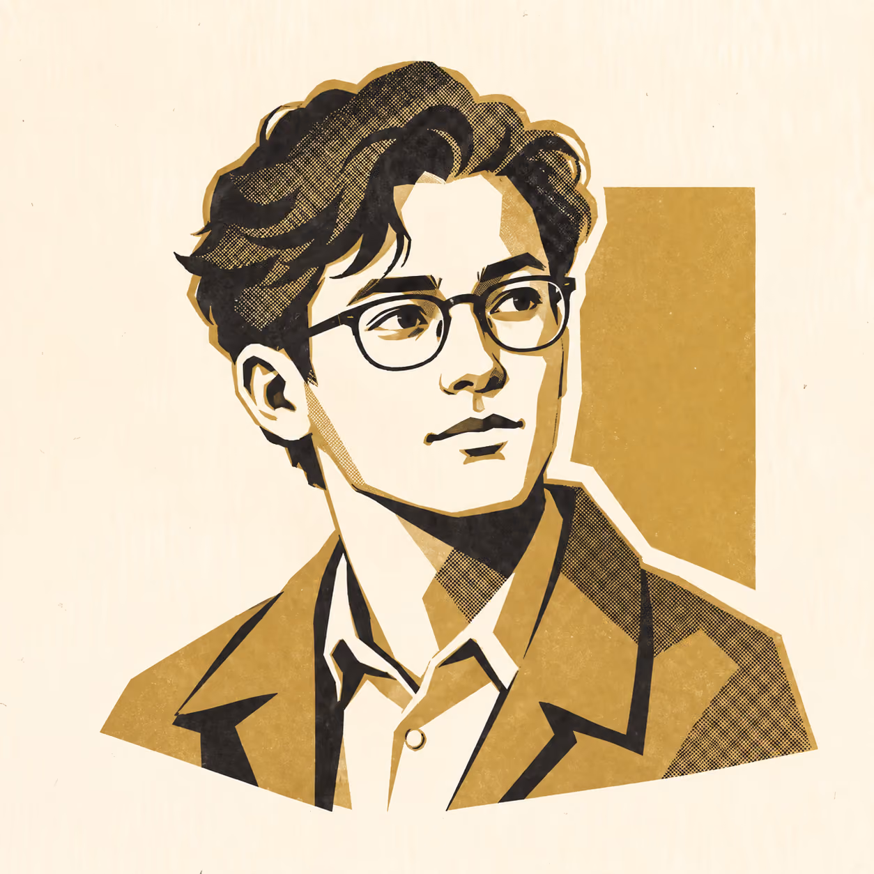 A stylised portrait of a clean-shaven man with wavy dark hair and round glasses in a collared shirt and jacket, rendered in textured gold and black on warm cream