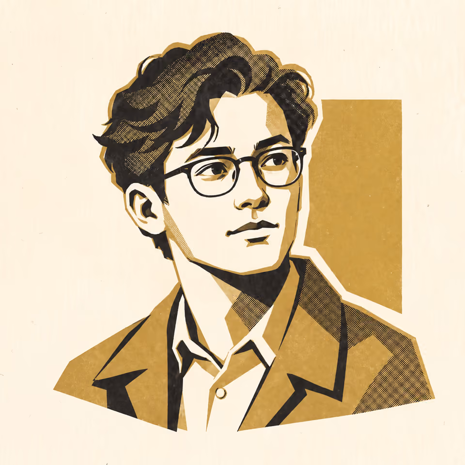 A stylised portrait of a clean-shaven man with wavy dark hair and round glasses in a collared shirt and jacket, rendered in textured gold and black on warm cream