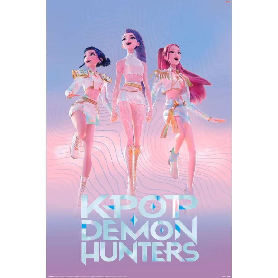Promotional poster for KPop Demon Hunters, showing three animated idol characters in white and gold stage outfits against a pastel gradient