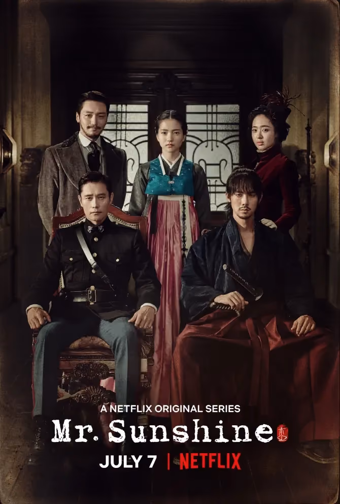 Promotional poster for Mr. Sunshine, showing five leads in period hanbok and military dress standing in an ornate, dimly lit interior